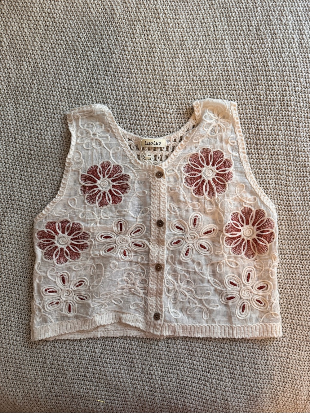 Lulu Jo Embroidered Flower Crochet Vest - Cream & Rust